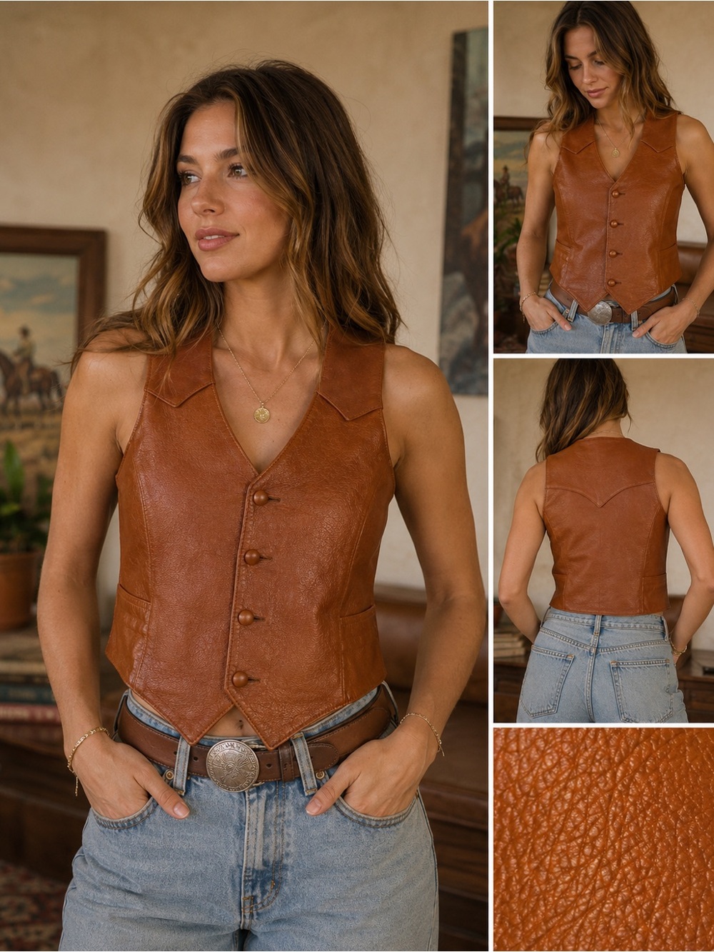 Vintage Pioneer Wear Genuine Leather Western Vest Brown USA Made